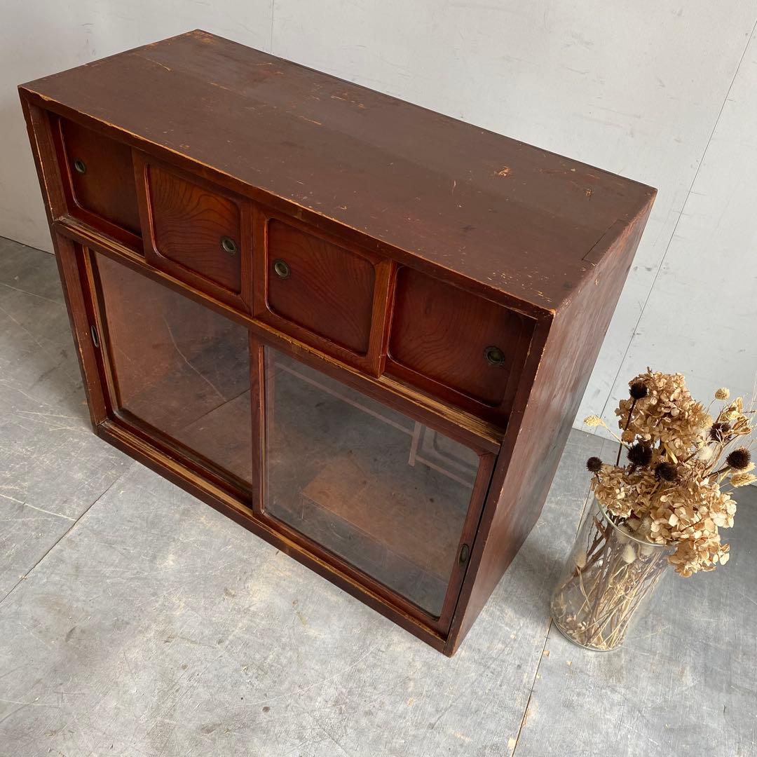 ヴィンテージ ガラス戸棚 キャビネット 水屋箪笥 昭和レトロ 無垢材 z505