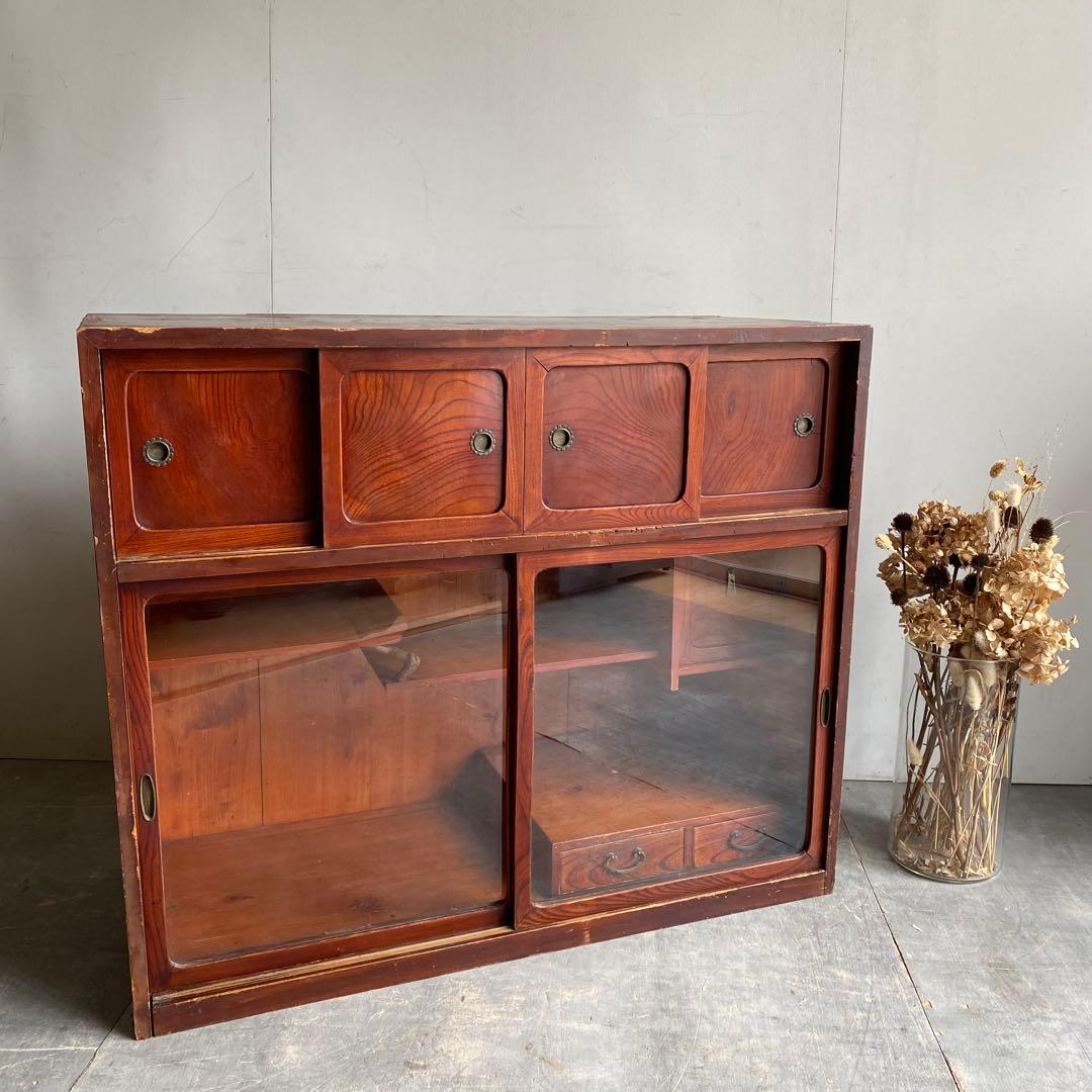 ヴィンテージ ガラス戸棚 キャビネット 水屋箪笥 昭和レトロ 無垢材 z505