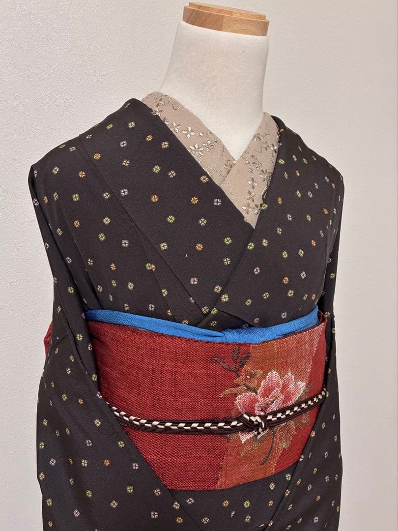 袷　小紋　スクエア幾何学　裄68cm 正絹