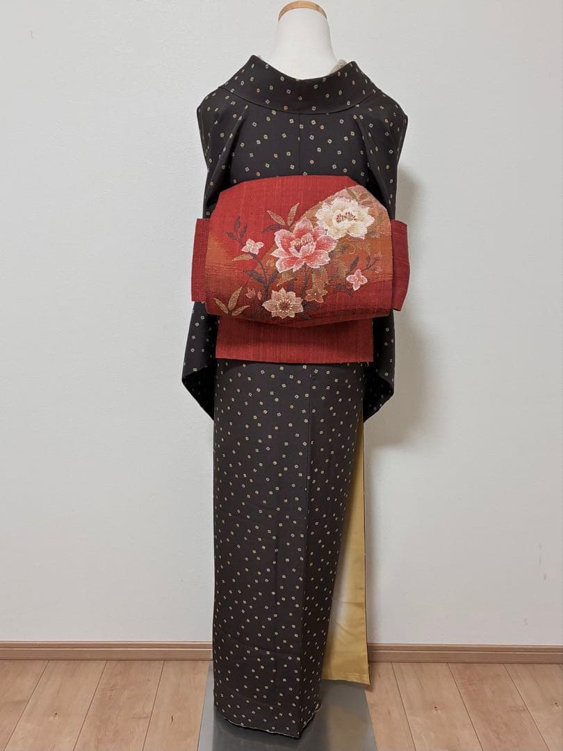 袷　小紋　スクエア幾何学　裄68cm 正絹