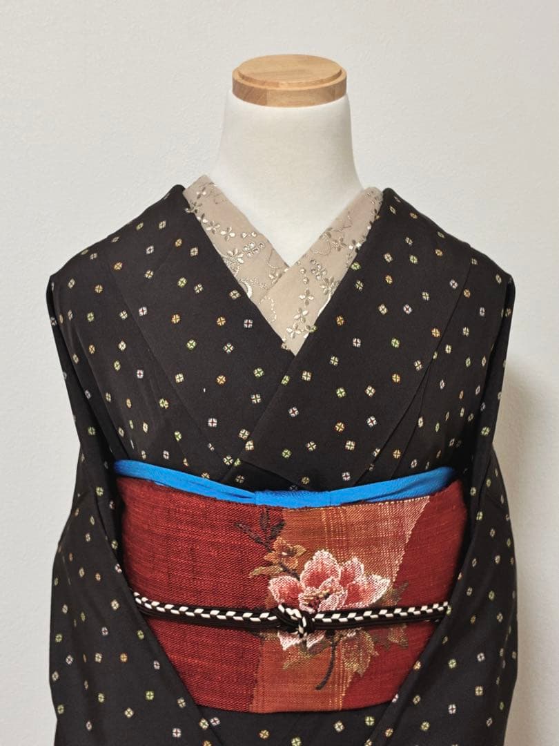 袷　小紋　スクエア幾何学　裄68cm 正絹