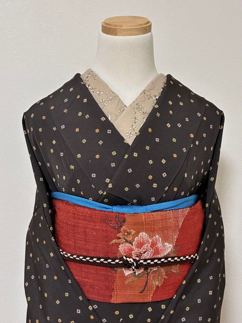 袷　小紋　スクエア幾何学　裄68cm 正絹