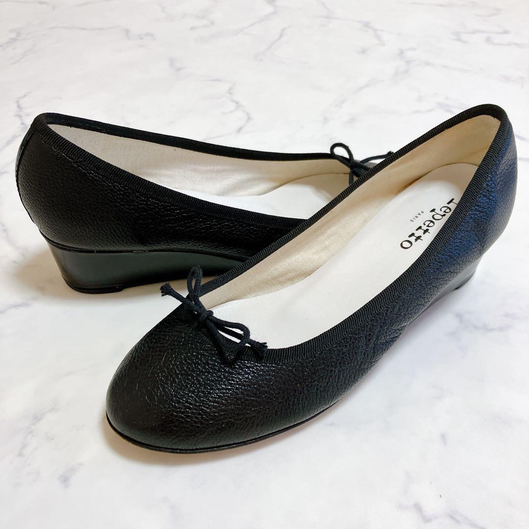 レペット バレエシューズ ウェッジソール 37 シボ革 フラット リボン 黒