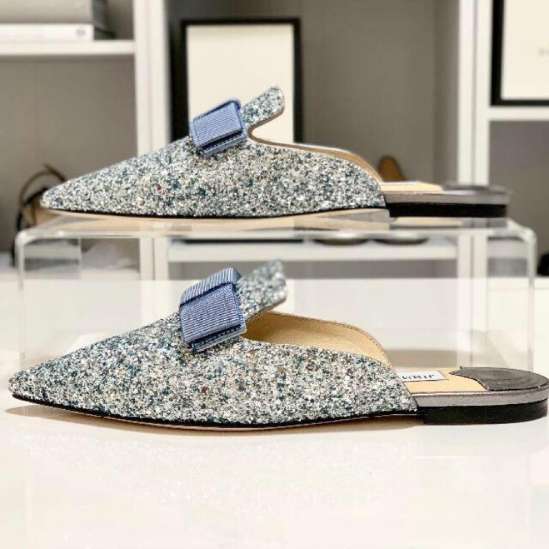 未使用 ジミーチュウ グリッター フラットシューズ ライトブルー