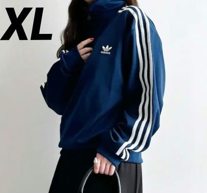 XL）アディダス ファンネルネックトラックトップ ジャージ ネイビー 青 ブルー