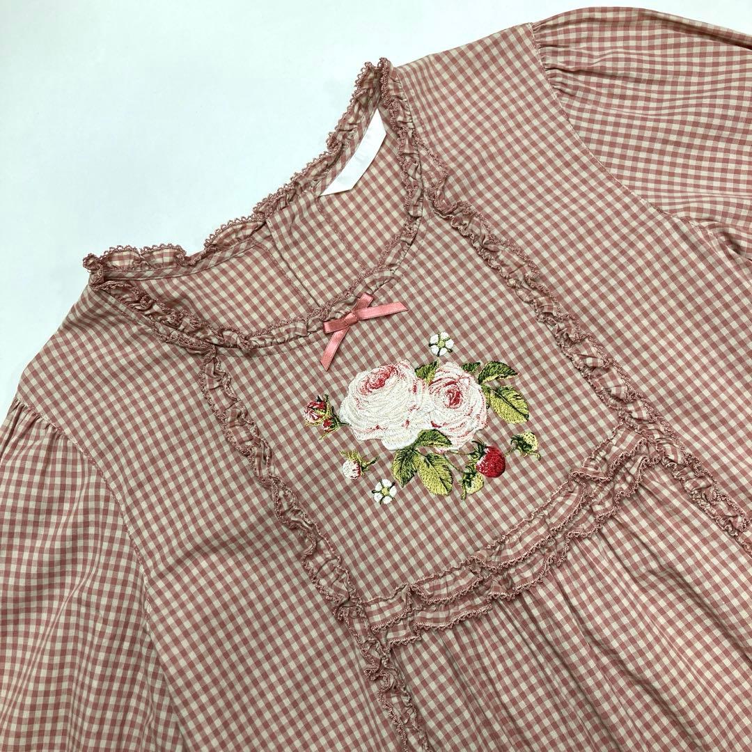 【美品】ピンクハウス ピンクギンガム バラ刺繍 チュニック/2023年