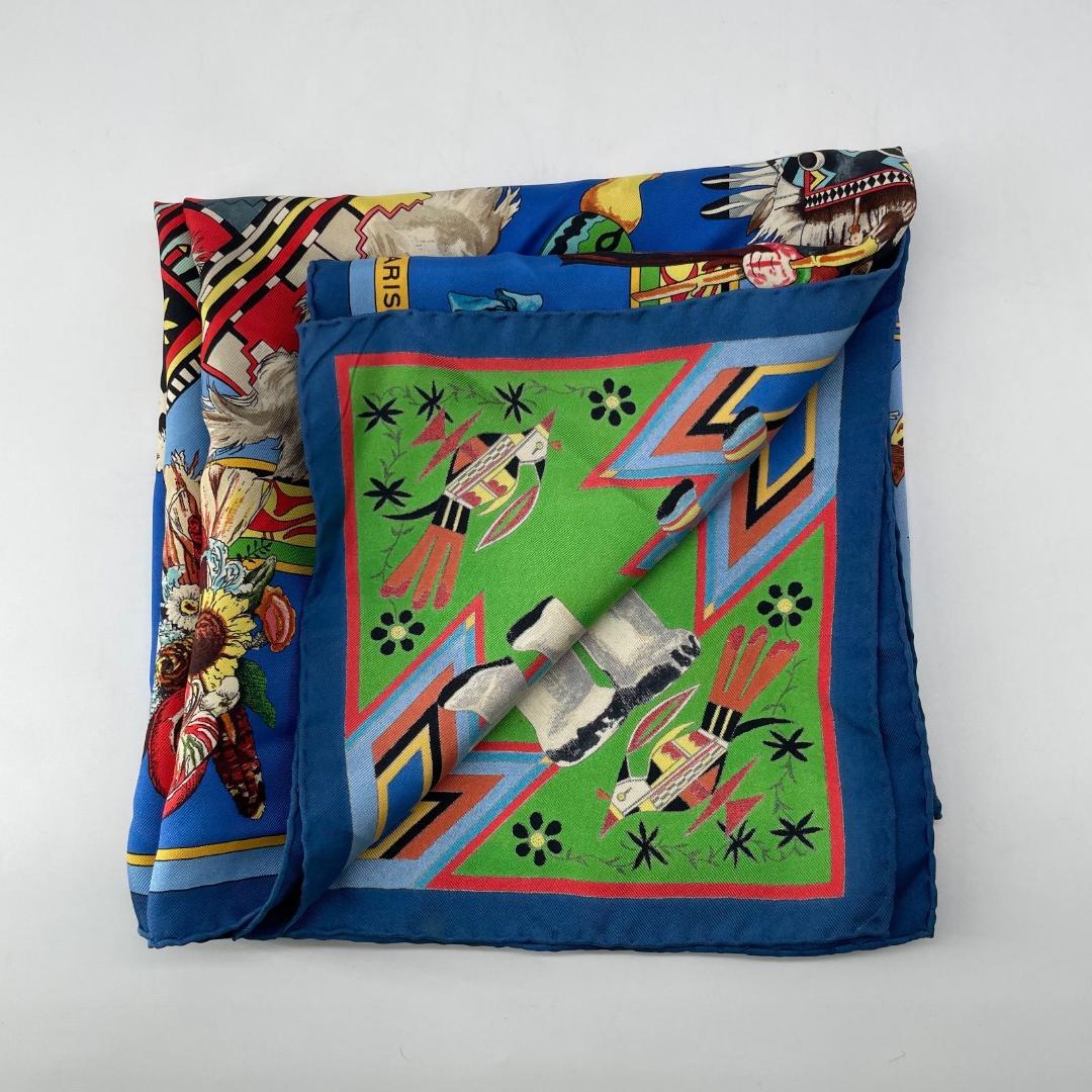 17799✨HERMES スカーフ シルク カレ90 カチナ 民族 ブルー