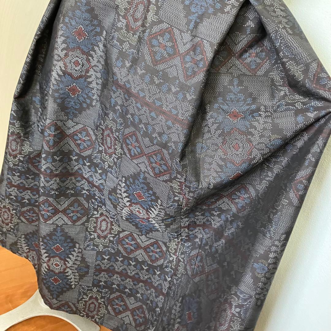 大島紬　幾何学柄　Vネック ノースリーブ　ワンピース　着物リメイク