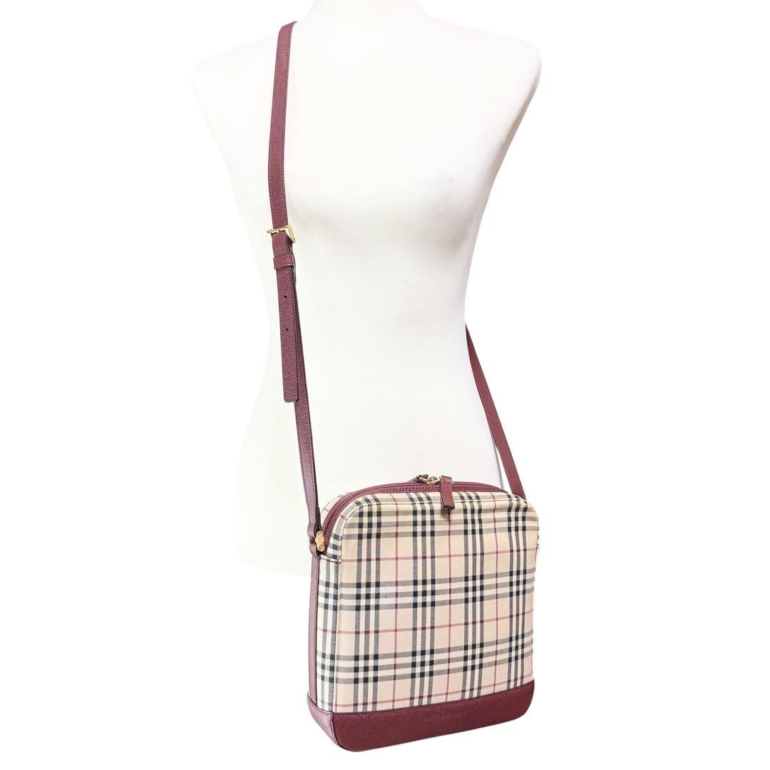 バーバリー ショルダーバッグ ノバチェック キャンバス サフィアーノレザー 赤