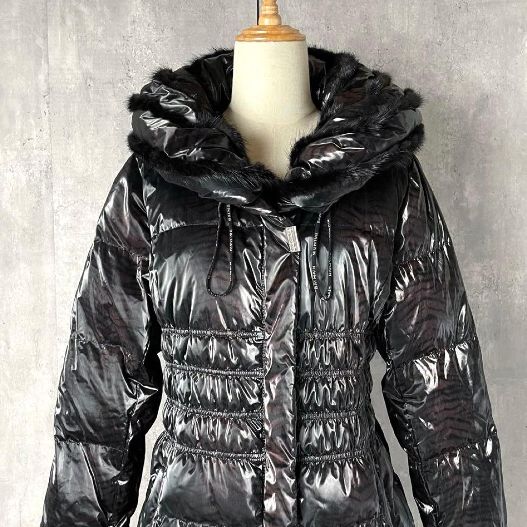 【美品】バルマン ダウンコート ミンクファー Aライン 黒 パープル トラ柄 M