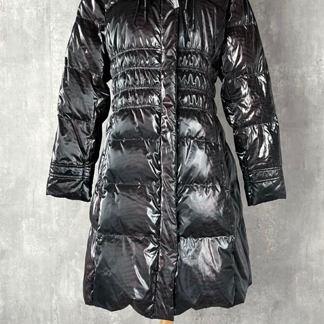 【美品】バルマン ダウンコート ミンクファー Aライン 黒 パープル トラ柄 M