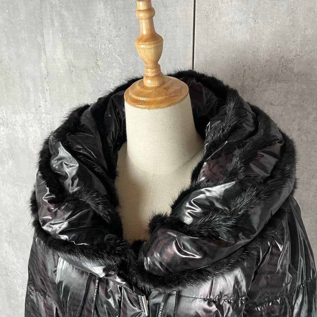 【美品】バルマン ダウンコート ミンクファー Aライン 黒 パープル トラ柄 M