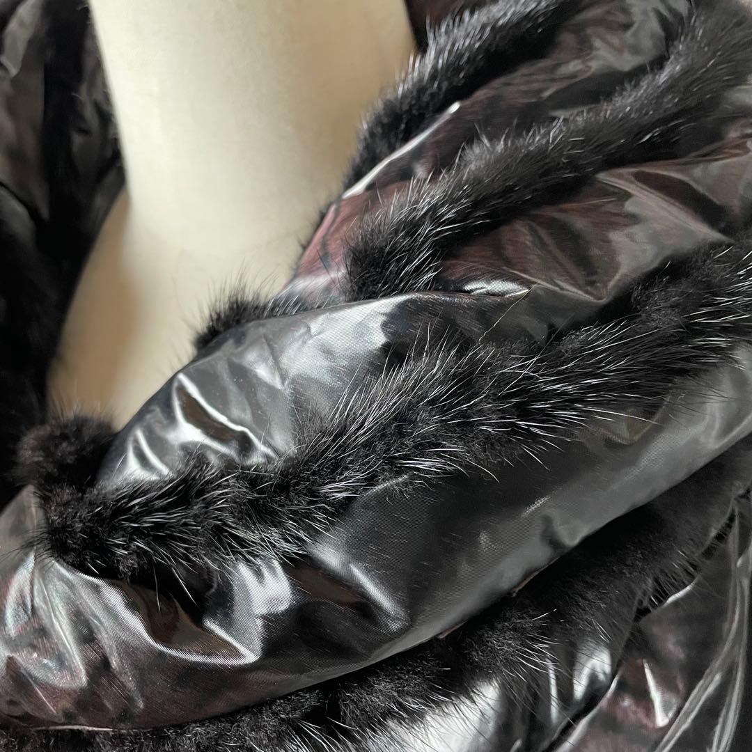 【美品】バルマン ダウンコート ミンクファー Aライン 黒 パープル トラ柄 M