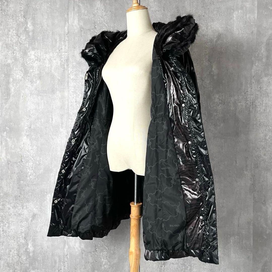 【美品】バルマン ダウンコート ミンクファー Aライン 黒 パープル トラ柄 M