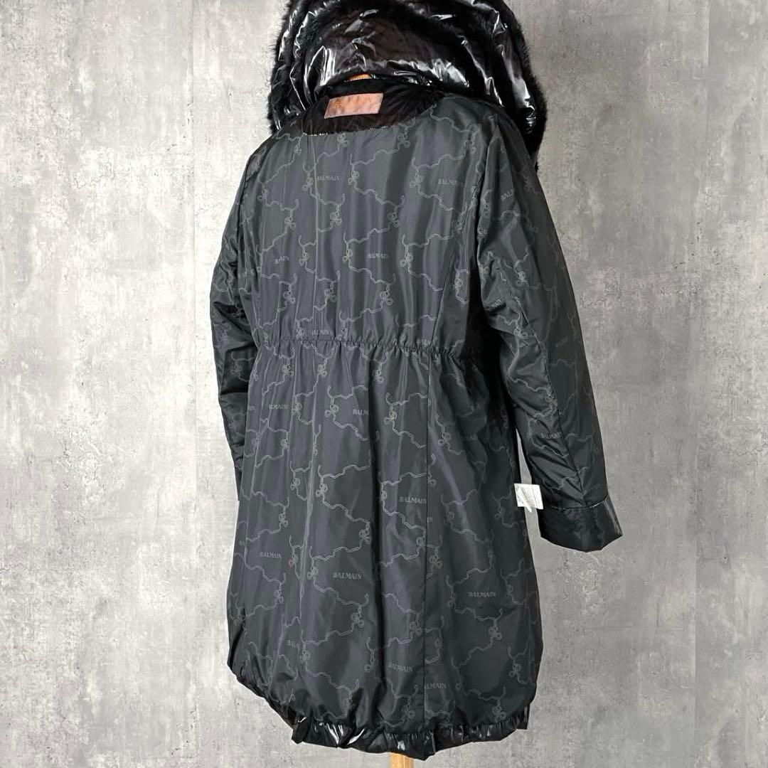 【美品】バルマン ダウンコート ミンクファー Aライン 黒 パープル トラ柄 M