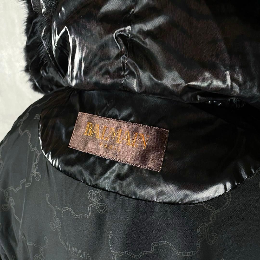 【美品】バルマン ダウンコート ミンクファー Aライン 黒 パープル トラ柄 M