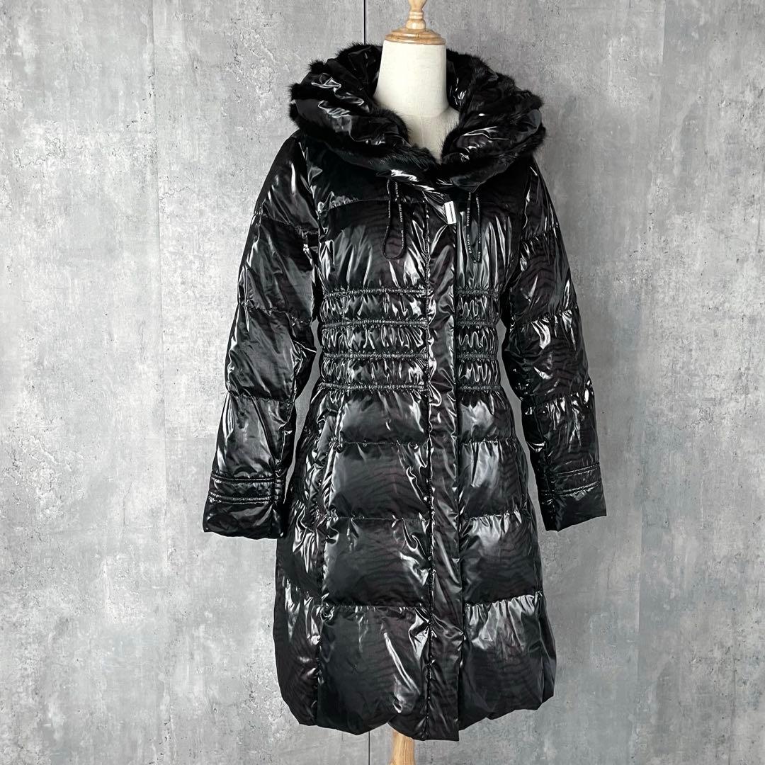 【美品】バルマン ダウンコート ミンクファー Aライン 黒 パープル トラ柄 M