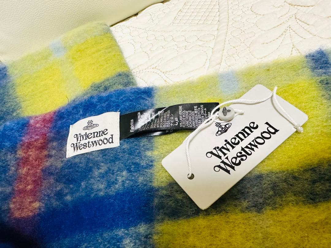 新品ダグ付きVivienne Westwood☆チェックマフラーふわふわモヘア青