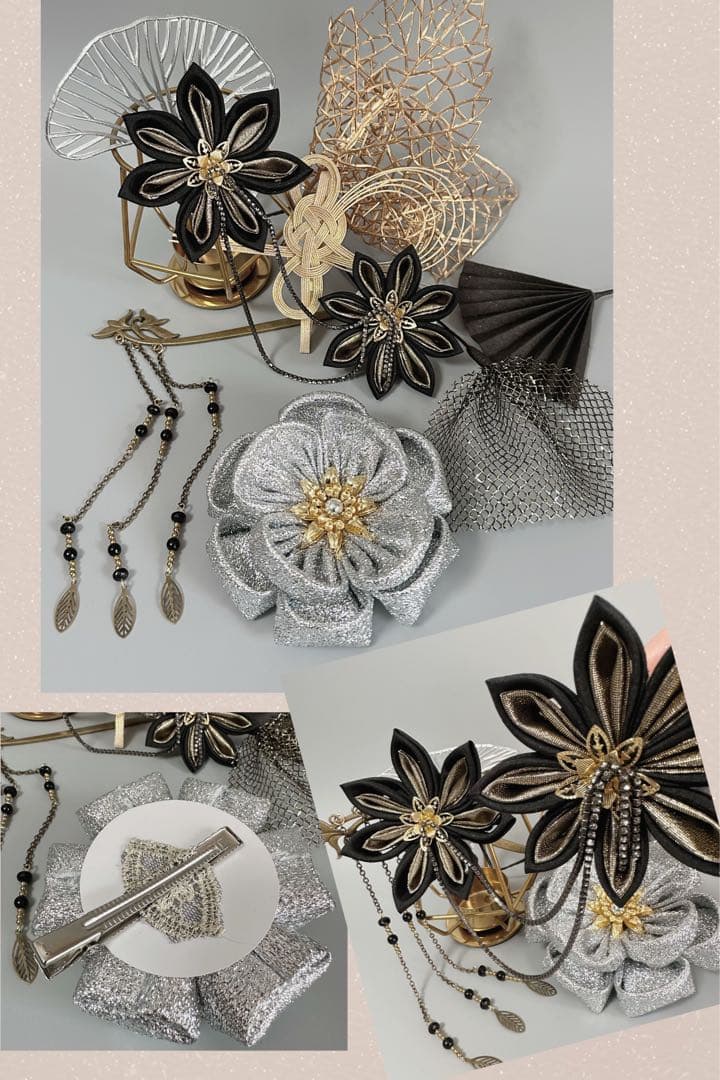 【豪華】　髪飾り　成人式　卒業式　結婚式　黒　ゴールド　シルバー　水引　つまみ