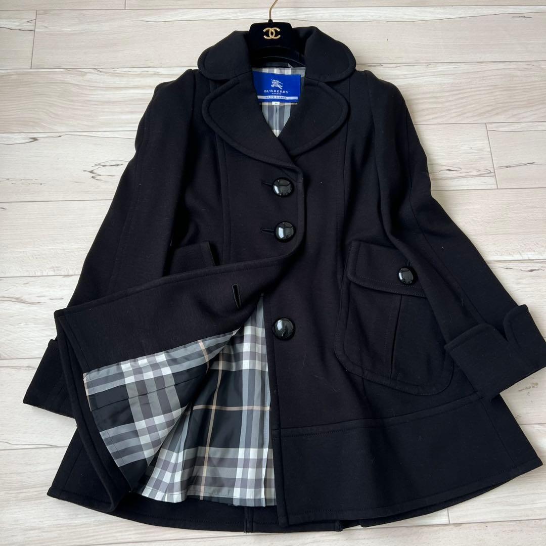 バーバリーブルーレーベル　ウールコート　チェック　Aライン　ビッグボタン