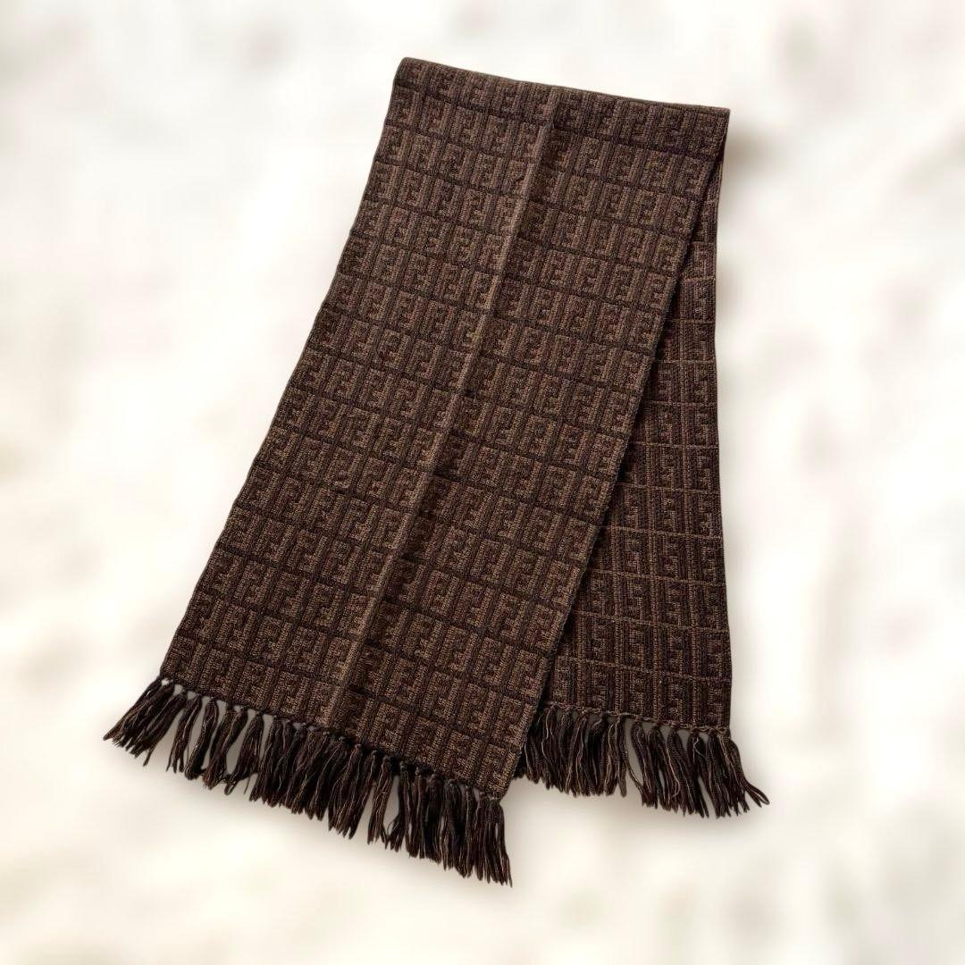 美品　FENDI フェンディ マフラー ブラウン系 ズッカ柄 ロゴ ウール男女