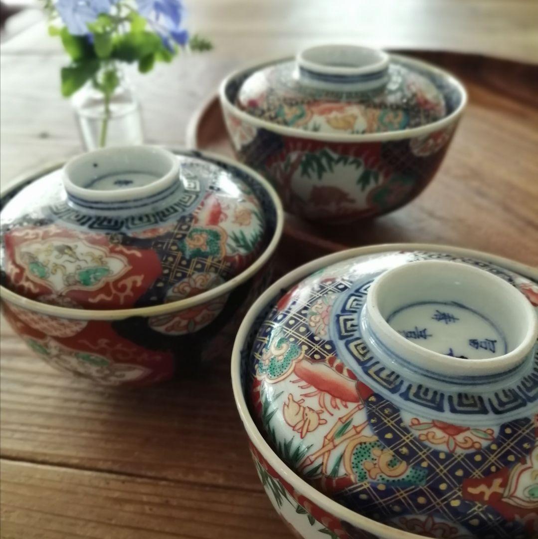 古伊万里　色絵　兎と龍　蓋茶碗　3客