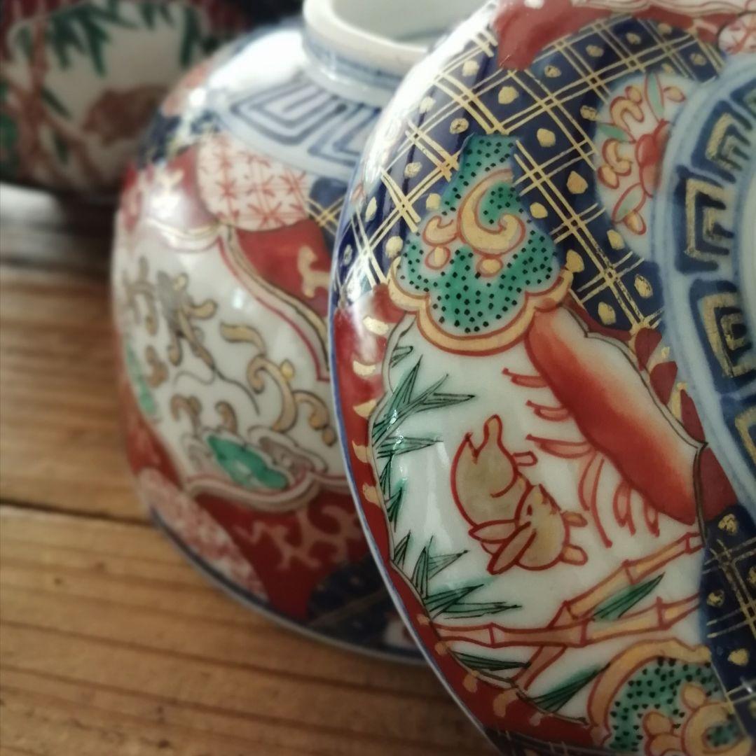 古伊万里　色絵　兎と龍　蓋茶碗　3客