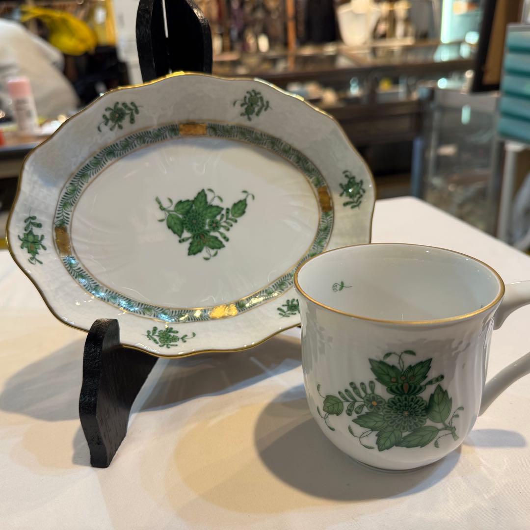 465＊ヘレンド アポニーグリーン カップ＆小皿 手描き