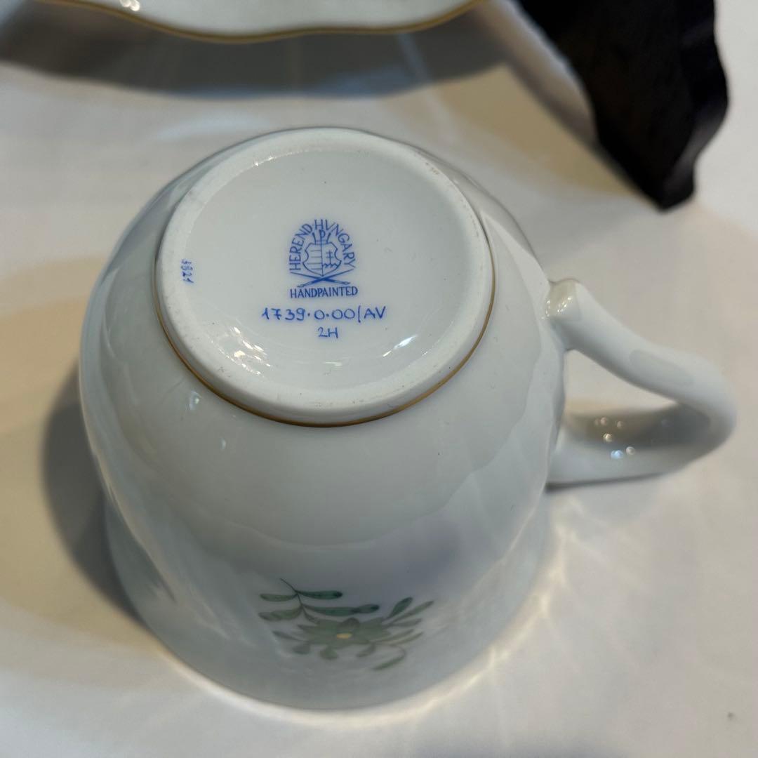 465＊ヘレンド アポニーグリーン カップ＆小皿 手描き
