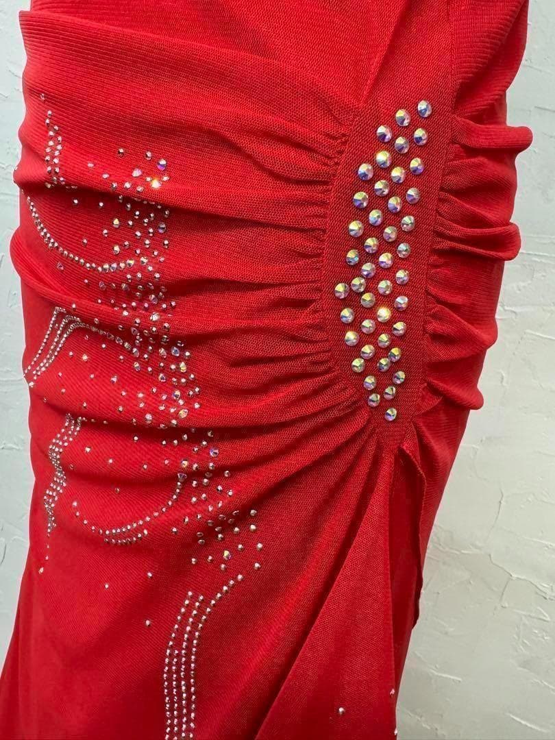 赤　新品　ラインストーン　社交ダンス　フレアーデザインスカートd035