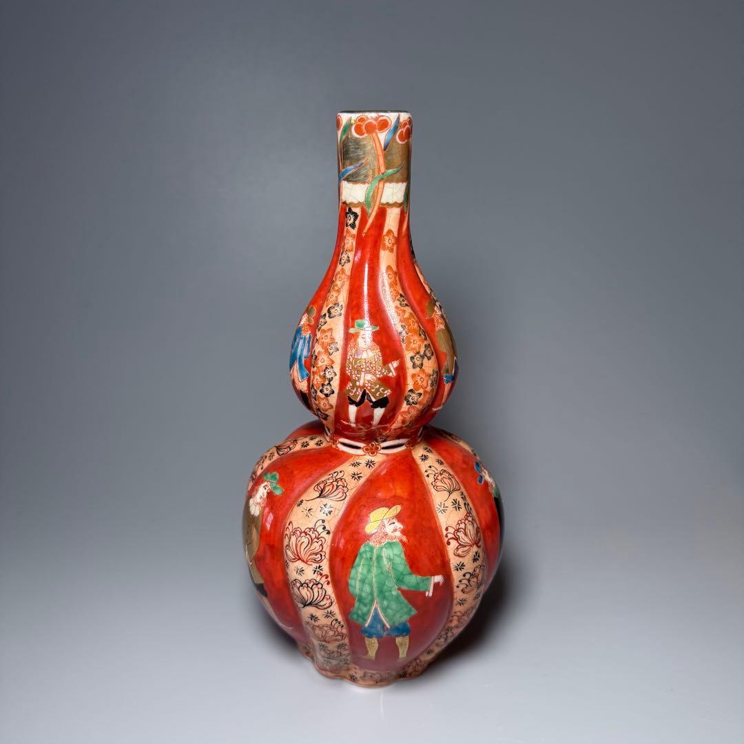 幕末〜明治期　アンティーク薩摩　異人図祥瑞瓢箪形花瓶　箱　布　里帰り品