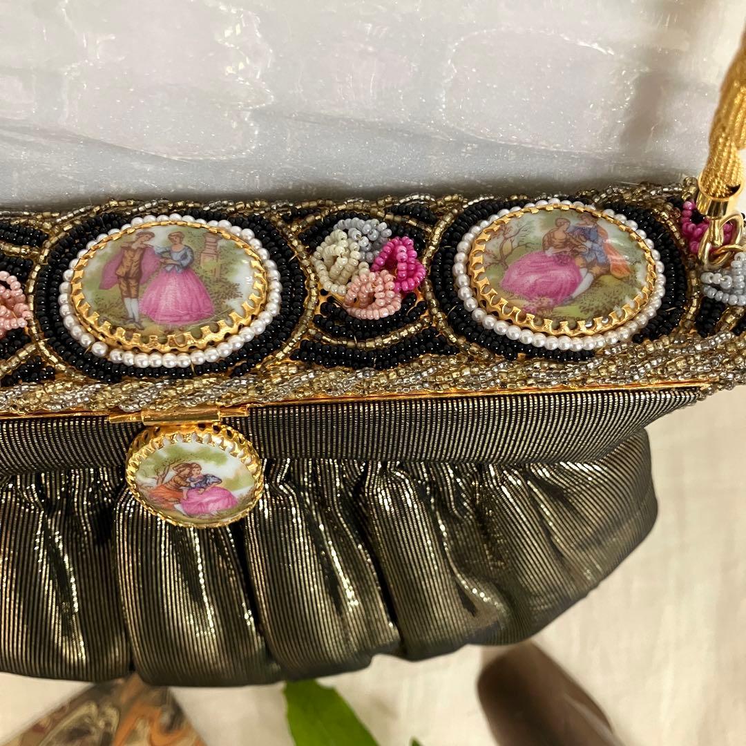 フランス　アンティークデザイン　パーティバッグ　シックゴールド＆陶器＆ビーズ