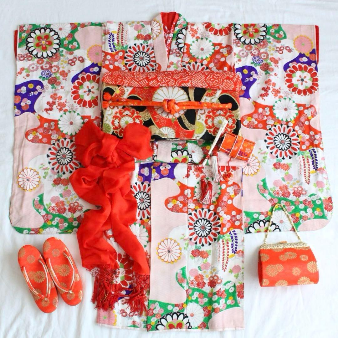 七五三 7歳 女の子 子供 アンティーク ピンク 正絹 着物 帯 セット