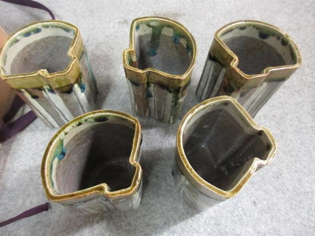 加藤掴也 織部焼 扇面向付 5個 共箱 [B25012]