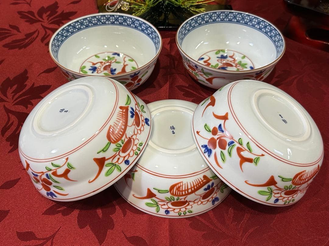 5名様　お正月御膳セット　赤絵　たち吉　羽子板皿　花鳥金彩丸紋角鉢　吸物椀など