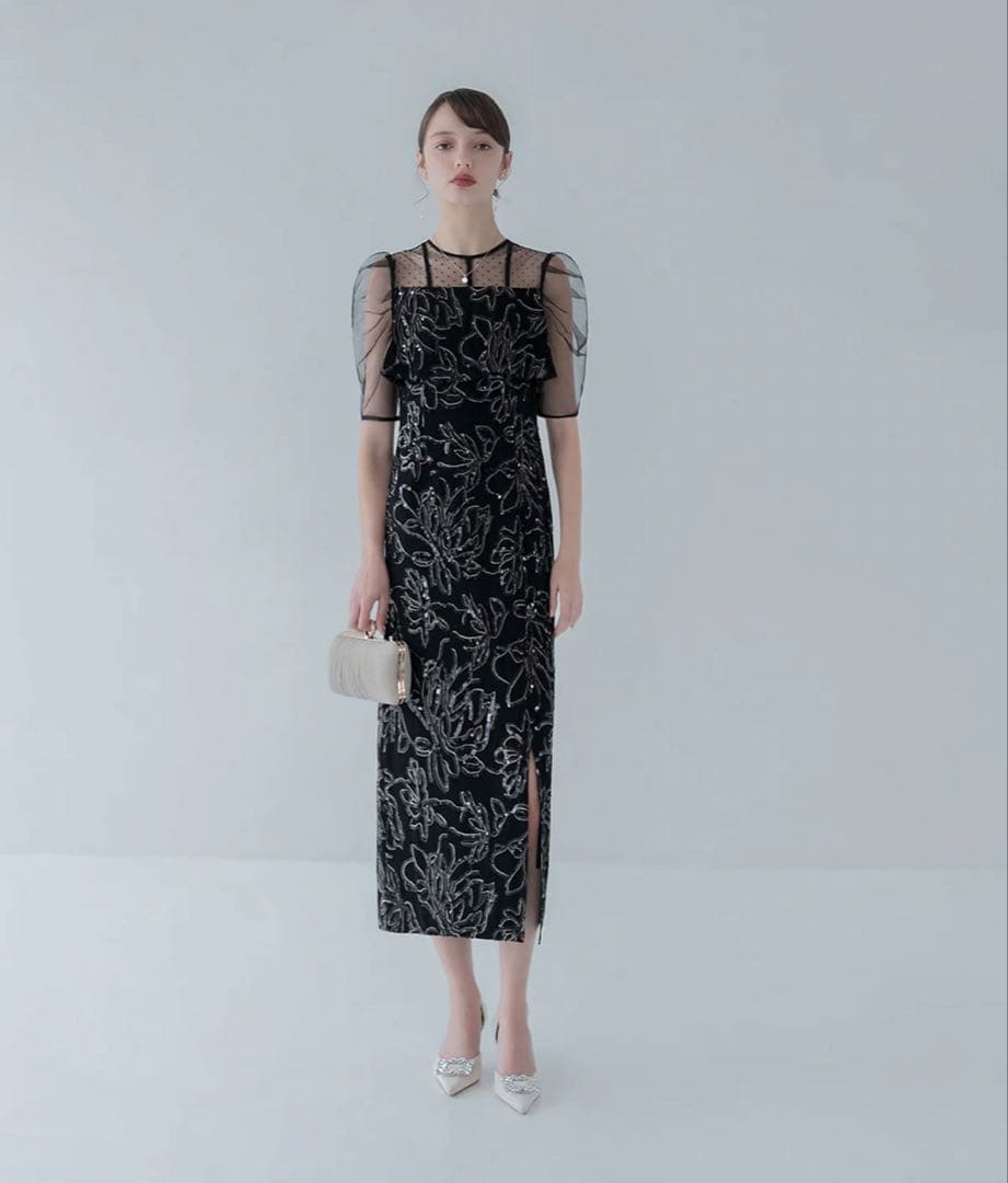 ドットチュールフラワースパンコールIラインワンピースドレス