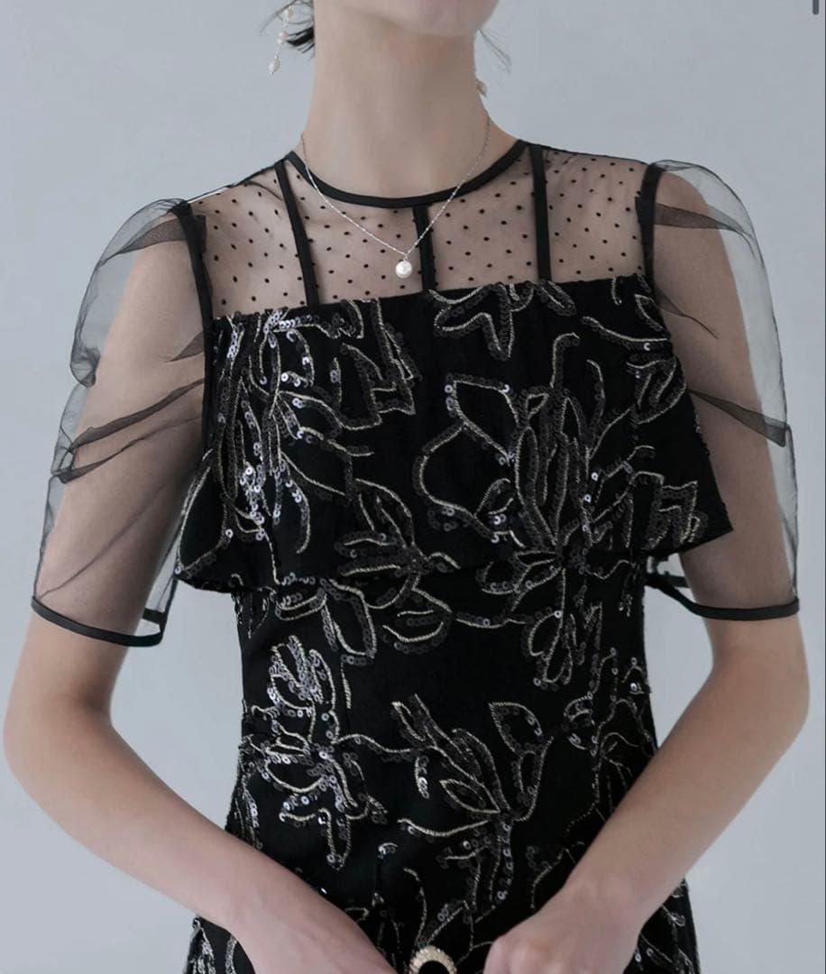 ドットチュールフラワースパンコールIラインワンピースドレス