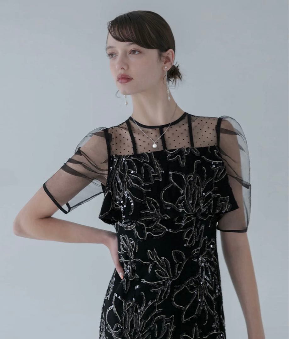 ドットチュールフラワースパンコールIラインワンピースドレス