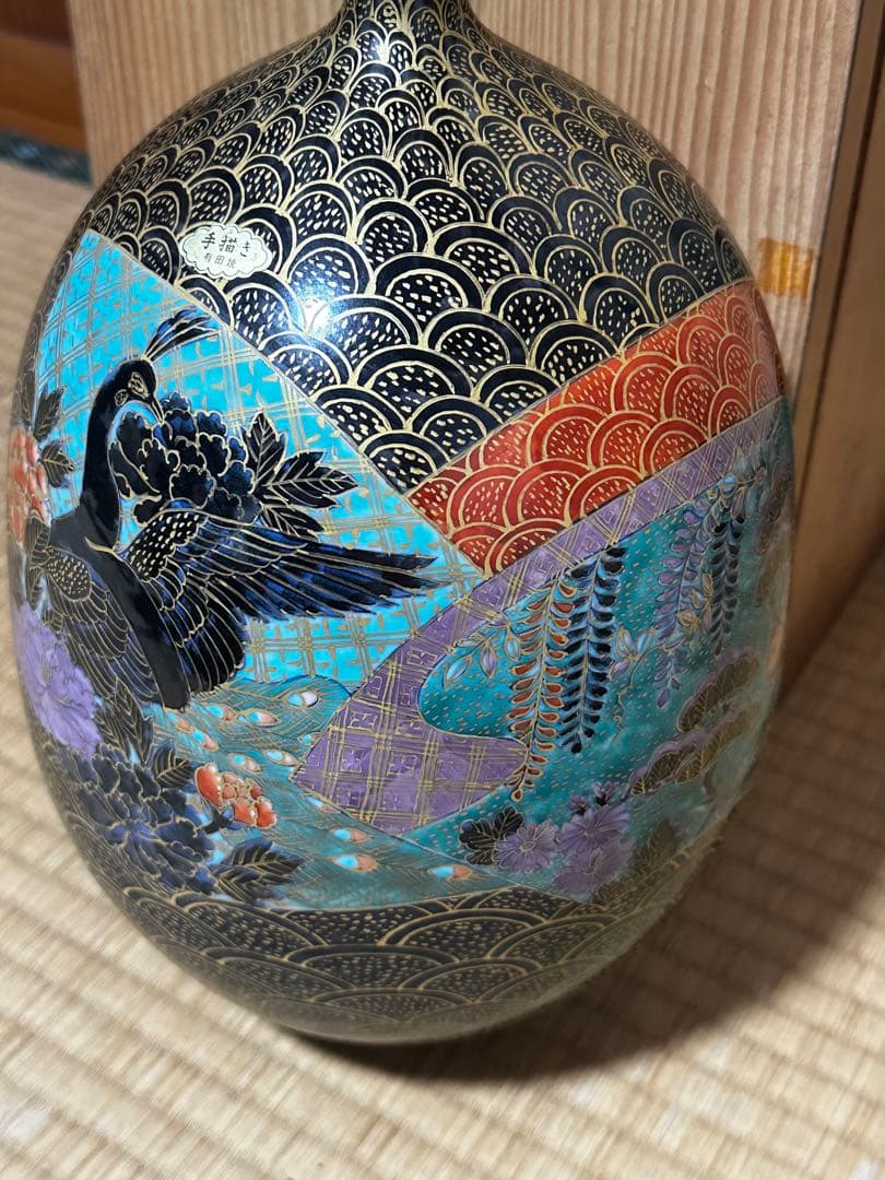 有田焼　手描き鶴模様陶器花瓶　弥左士門