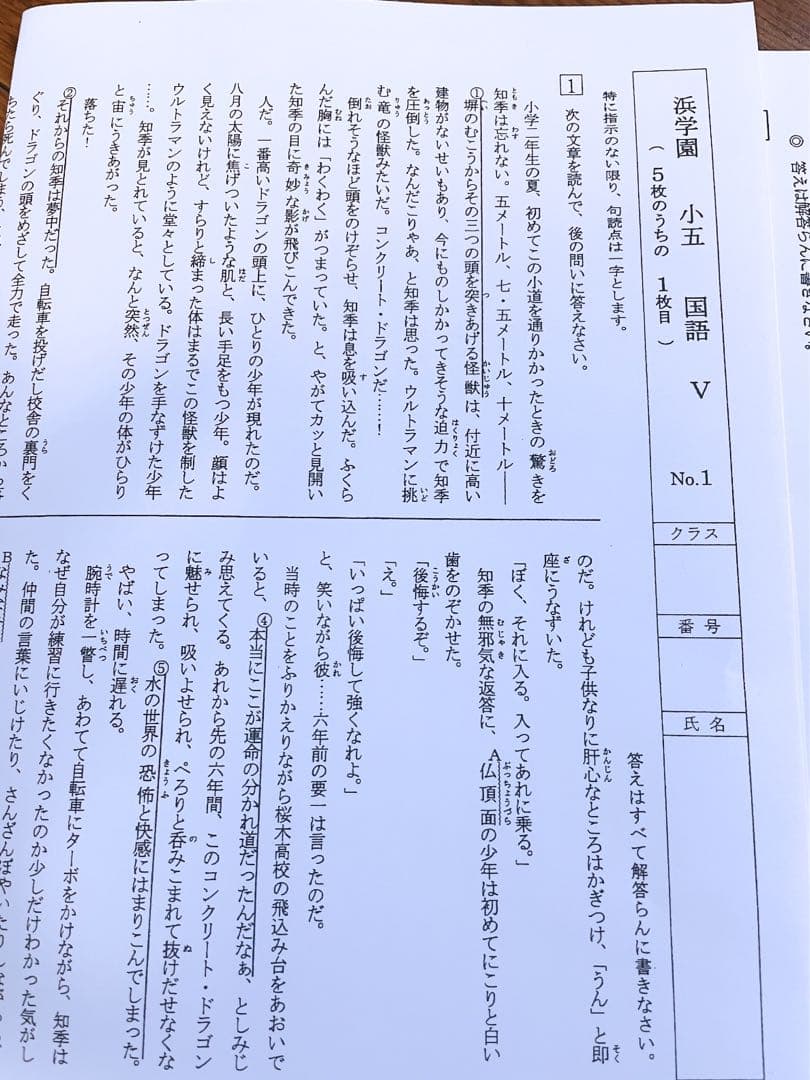 浜学園　小5 2023年度　3科目　解答用紙付　Vクラス　復習テスト 国算理