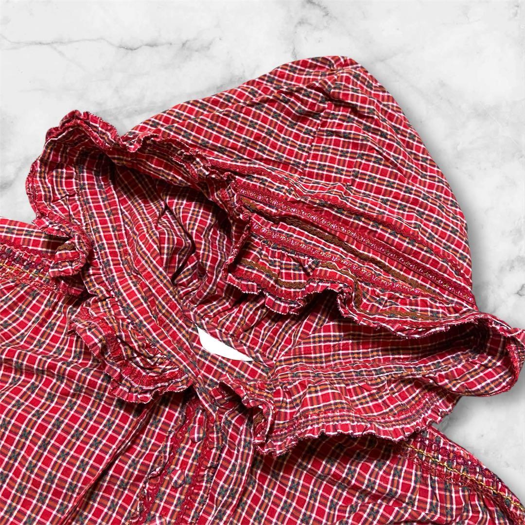 【人気】PINK HOUSE フリルチェック長袖ワンピース ロング丈 フード付