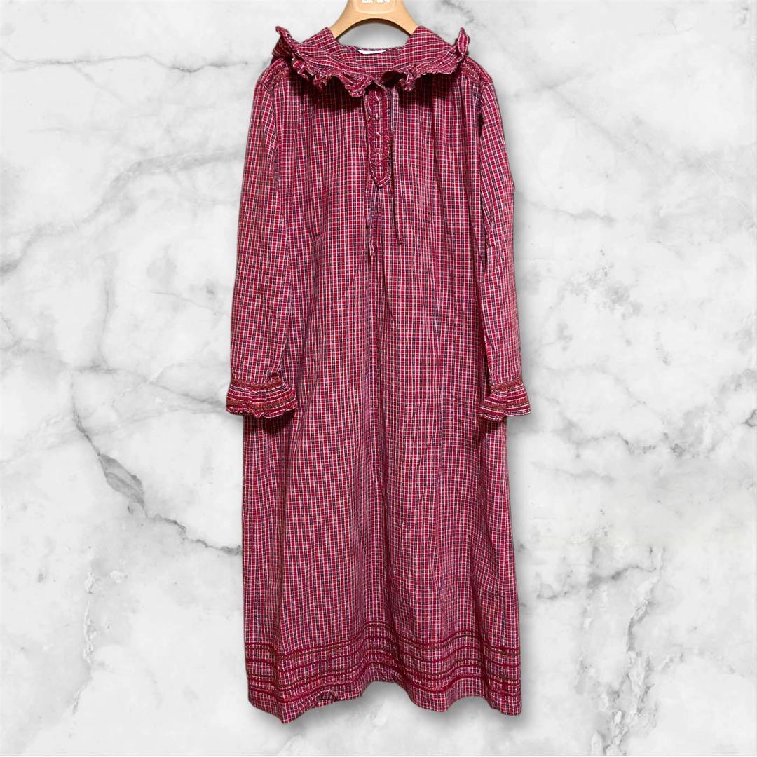 【人気】PINK HOUSE フリルチェック長袖ワンピース ロング丈 フード付