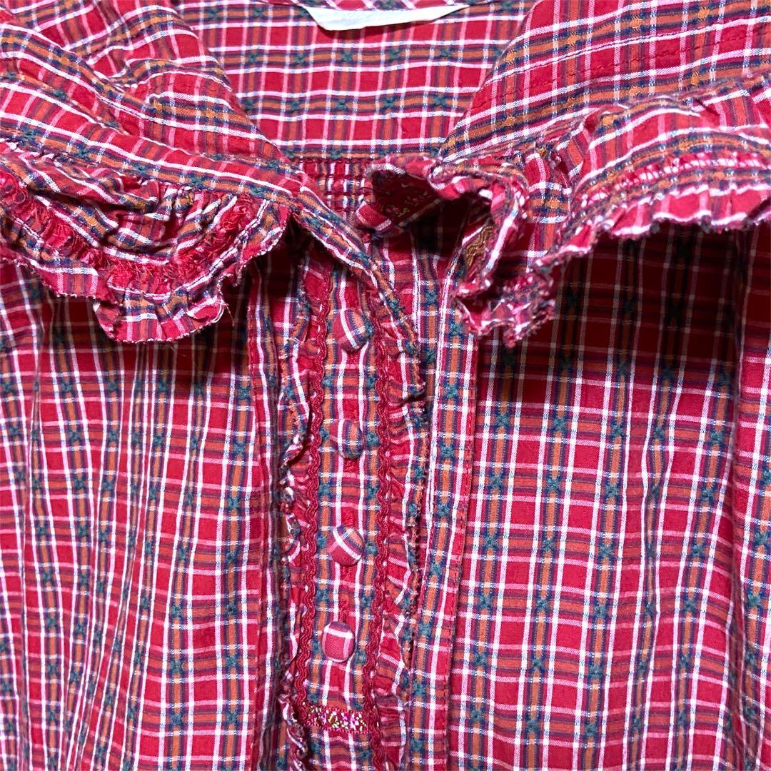 【人気】PINK HOUSE フリルチェック長袖ワンピース ロング丈 フード付