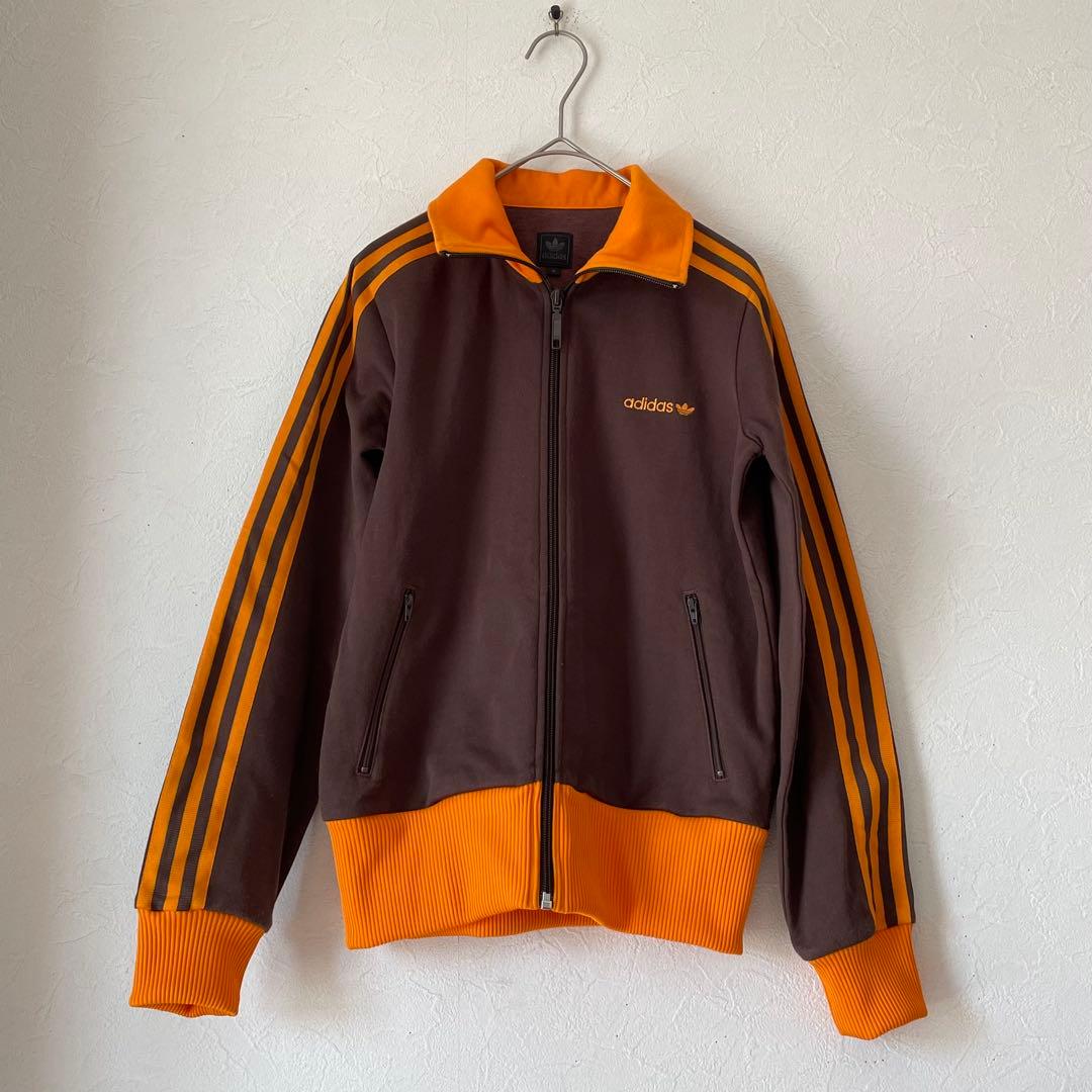 adidas 黒タグ トラックジャケット ブラウン×オレンジ 刺繍ロゴ 万国旗