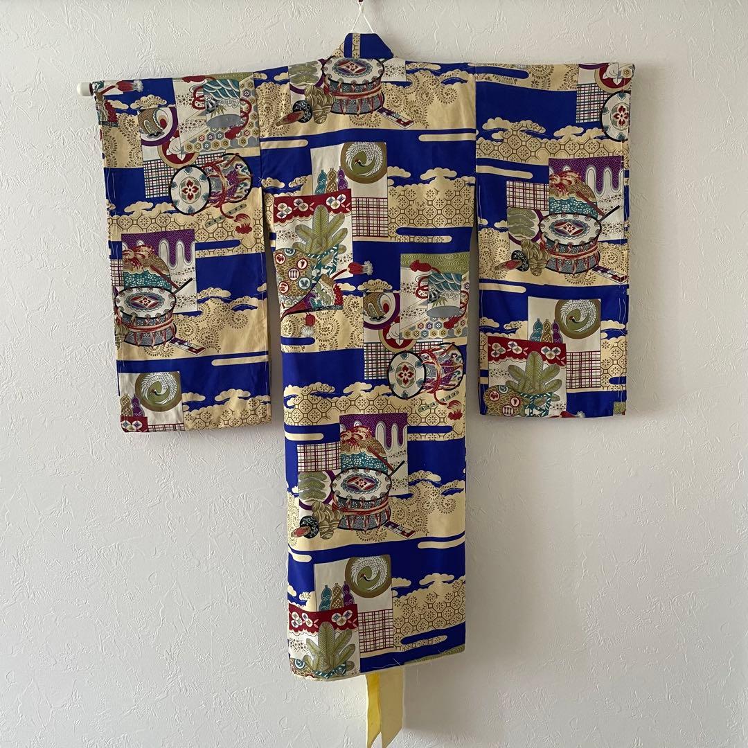 七五三　3歳　男の子　アンティークお着物　正絹白色無地被布コーデ