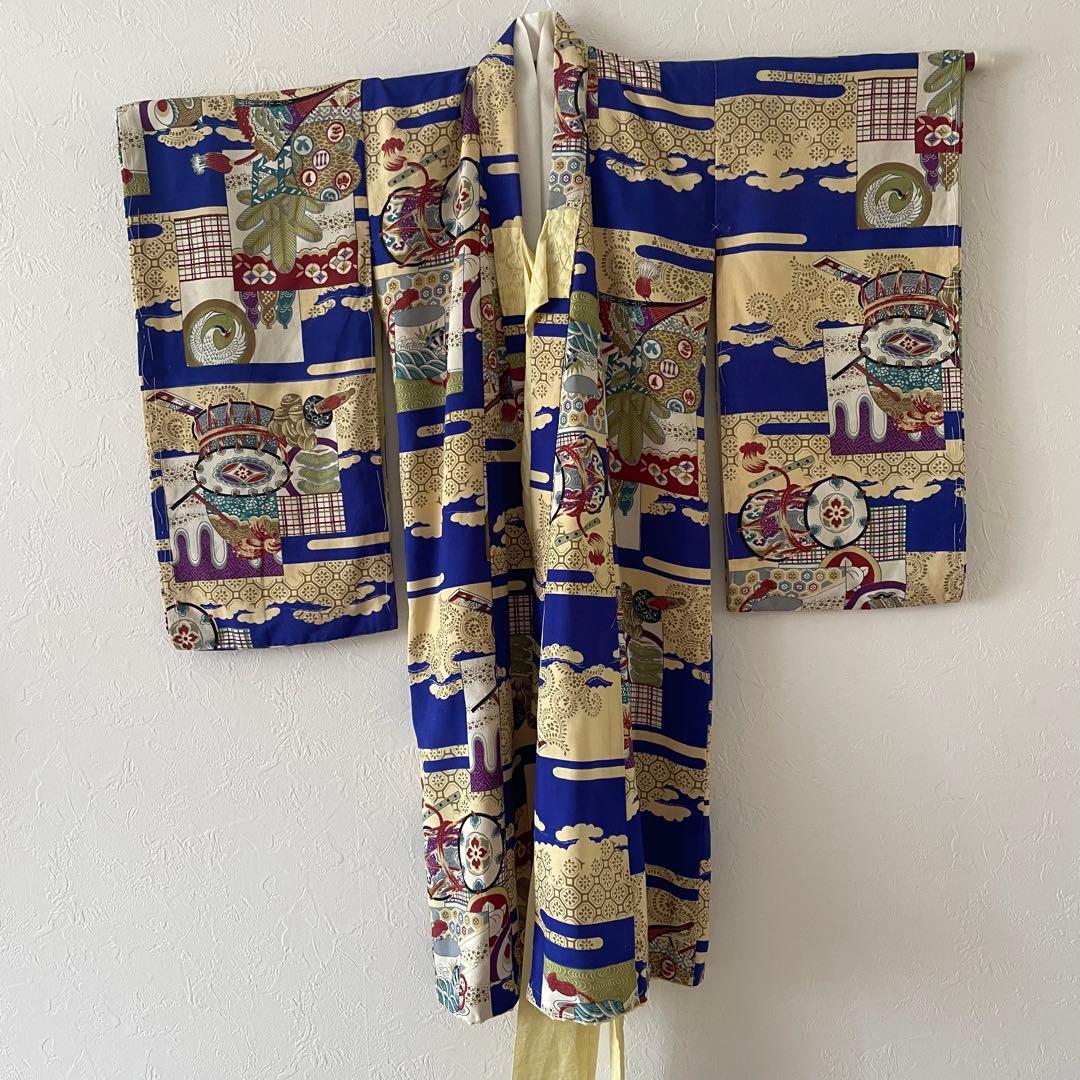 七五三　3歳　男の子　アンティークお着物　正絹白色無地被布コーデ