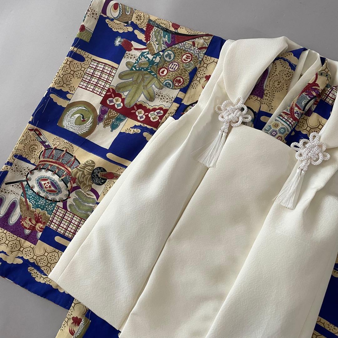 七五三　3歳　男の子　アンティークお着物　正絹白色無地被布コーデ