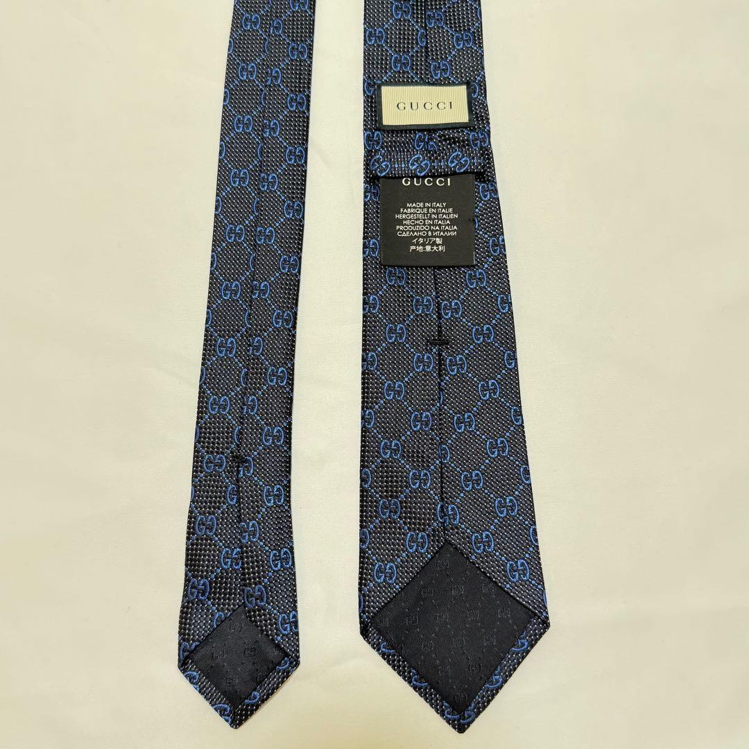 【美品】GUCCI シルク ネクタイ ブラック・ブルー GGパターン