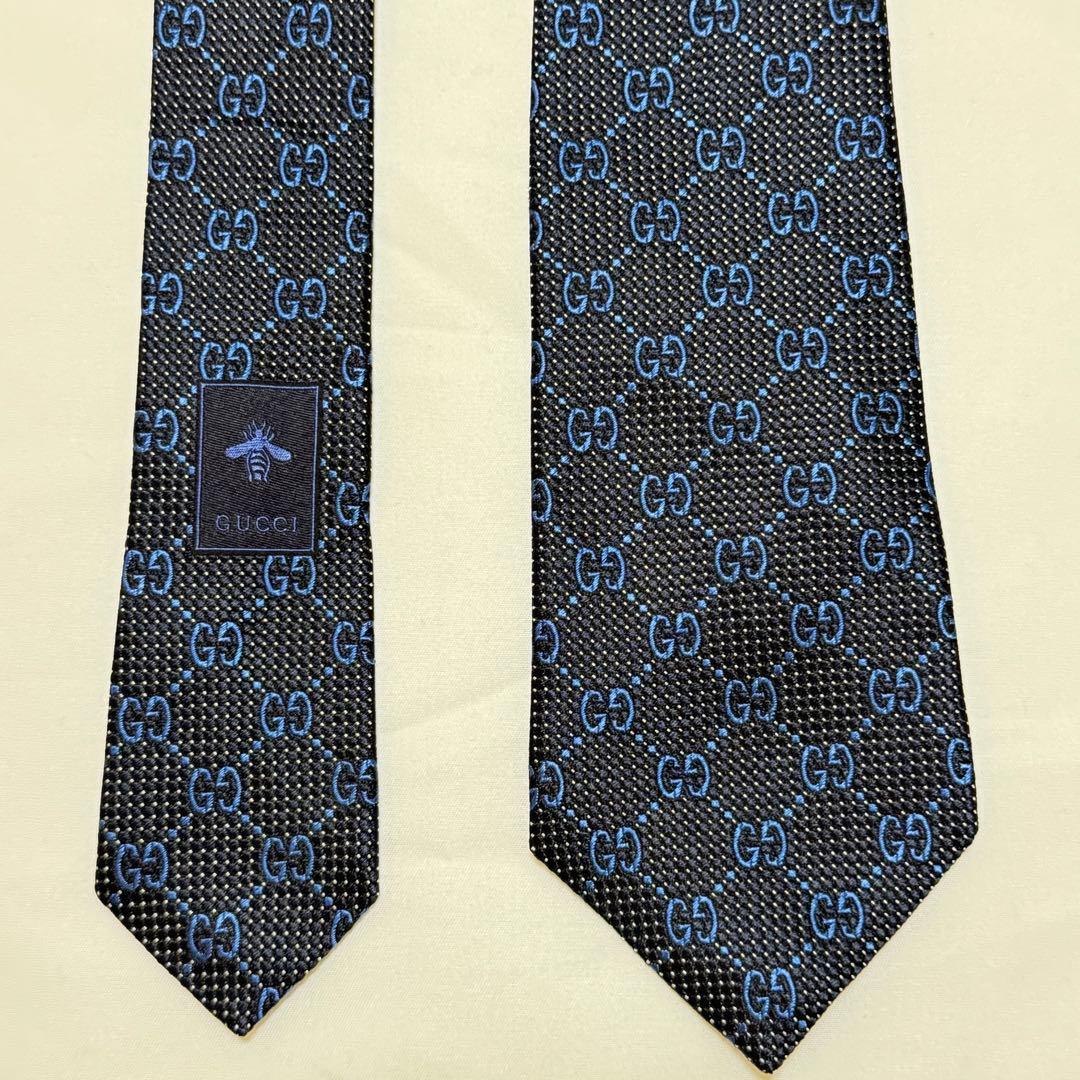 【美品】GUCCI シルク ネクタイ ブラック・ブルー GGパターン