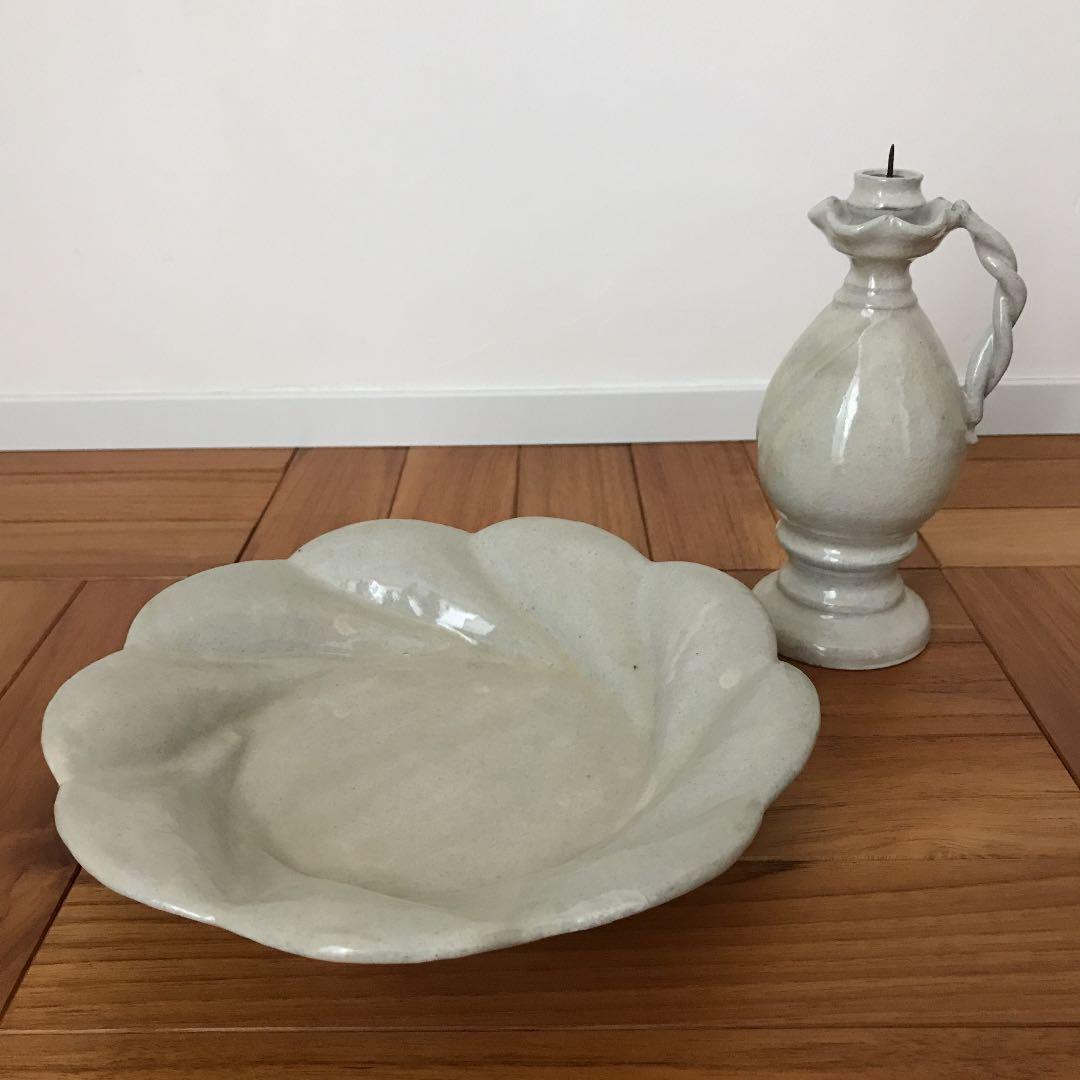 【ももねね】 安部太一 白釉深皿とキャンドルスタンド